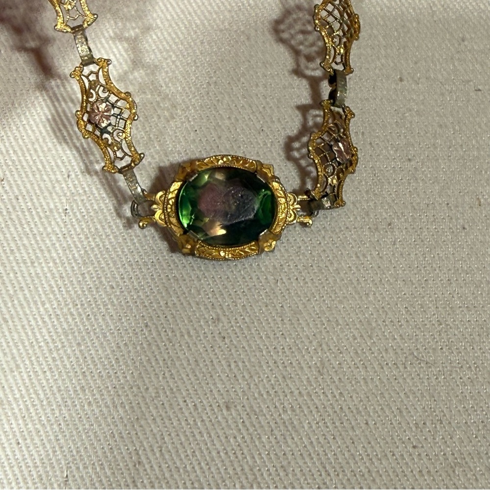 Antique Victorian Art deco Gold Filagree Green Pink iris Glass Bracelet - Picture 10 of 16